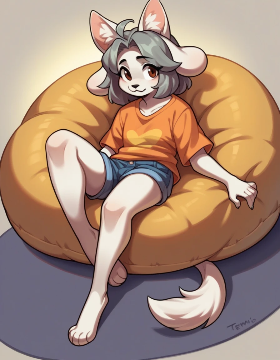 score_9,score_8_up,score_7_up, source_anime, temmie from undertale, Anthro girl, short silver grey hair, tall slender body, brown eyes, white furry body, canine feline hybrid girl, four ears, floppy white dog ears, white cat ears, wearing shirt, shorts, barefoot, feet paws four toes, sitting on a beanbag chair, playful pose