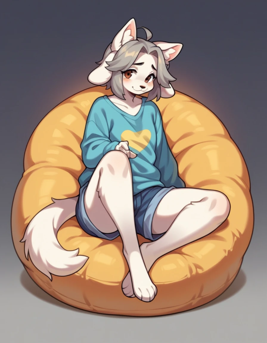 score_9,score_8_up,score_7_up, source_anime, temmie from undertale, Anthro girl, short silver grey hair, tall slender body, brown eyes, white furry body, canine feline hybrid girl, four ears, floppy white dog ears, white cat ears, wearing shirt, shorts, barefoot, feet paws four toes, sitting on a beanbag chair, playful pose