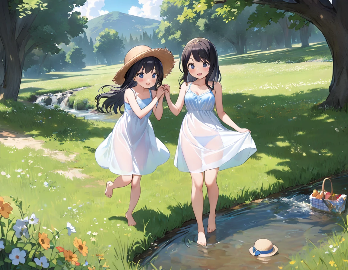 Straw hat、Girl with long black hair、(White dress、See-through blue bra)、(Underwear peeking out from under the dress、Showing off cute blue underwear)、(barefoot、cute leather shoeoderately large、Standing posture、Two sisters around high school age holding hands、A meadow with a small stream running through it、picnic