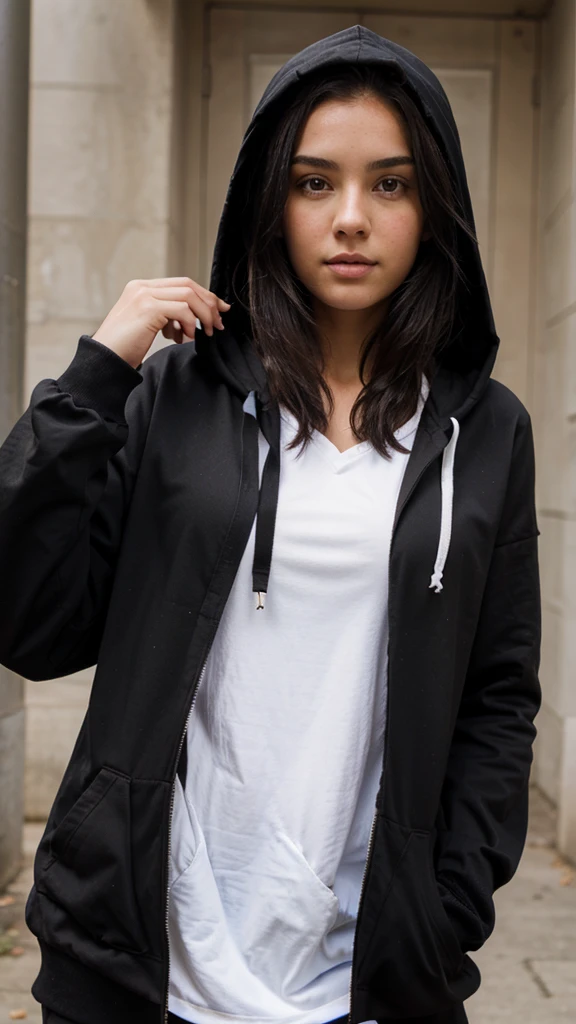 18 year old woman brunette black hair hooded