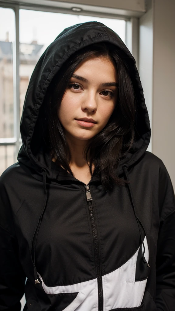 18 year old woman brunette black hair hooded