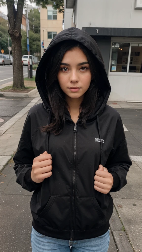 18 year old woman brunette black hair hooded