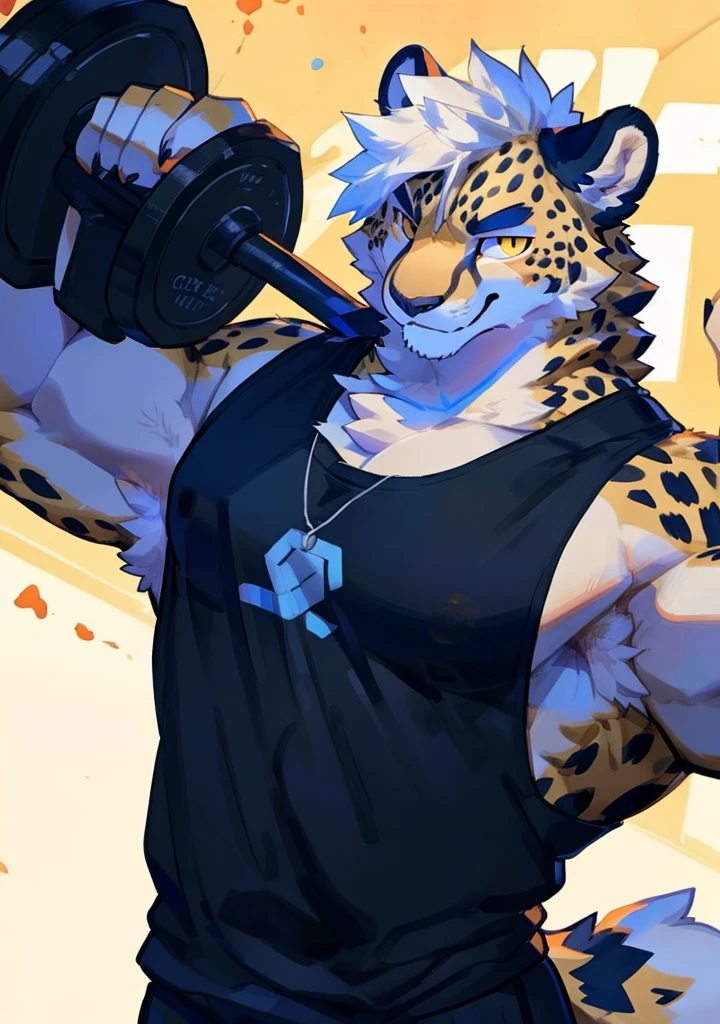 By bigcozyorca, by bebebebebe, by buta99, furry, young, teenager, big, strong and attractive, males, provocative poses, (hair, snout), cheetah, ((muscular, tall)) black tank top, smirking, yellow fur, yellow body, atlethic,  stretchinh arms, flexing strong armpits, showing off big armpits, arrogant smile, strong armpits, gym background, lifting weights.