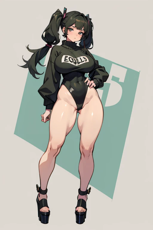 wide hips, wide thighs, big breast, young girl, Pullover, whole body to see, pigtails gtails hair, big thighs, thin waist, fullbody, standing, front pose, high cut leotard, spy girl, platform heels, Cyberpunk 