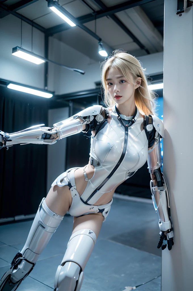 best quality, 1080P, Masterpiece, Whole body photo, Ultra high resolution, photorealistic photo, ultra realism, Realistic skin texture, light blonde hair, Extreme skin detail, dslr, Detailed eyes, Facing the camera, Very beautiful face, Firm facial structure, Pale skin, Realistic skin texture, Extreme skin detail, oc render reflection textures, Realistic light and shadow, One picture, alone, The body is slender and balanced.., Age 20, Height 170, สาวbare, bare, no underwear, A girl with the body of a mechanical robot.., Transparent futuristic black glass mech armor., Transparent light blue armor, The mechanical cervix is stuck in the neck.., Flat stomach, Woman with perfect mechanical arms and legs, full body view, Whole body photo,