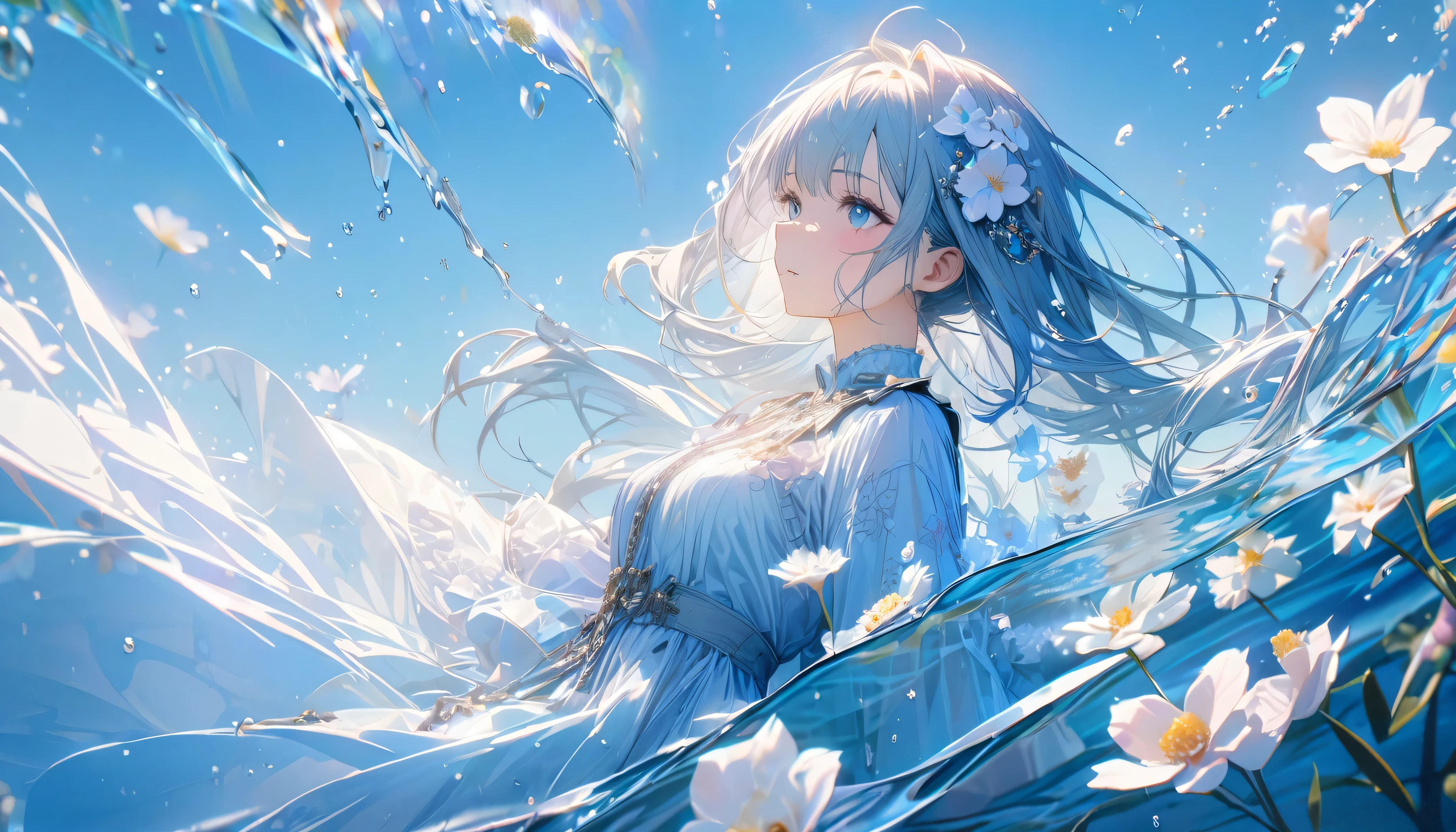 Extremely detailed, 8k, Angelic, 1 girl, Blue water and floating flowers,Flowers floating on water。 transparent, Right blue water, Cool, bright