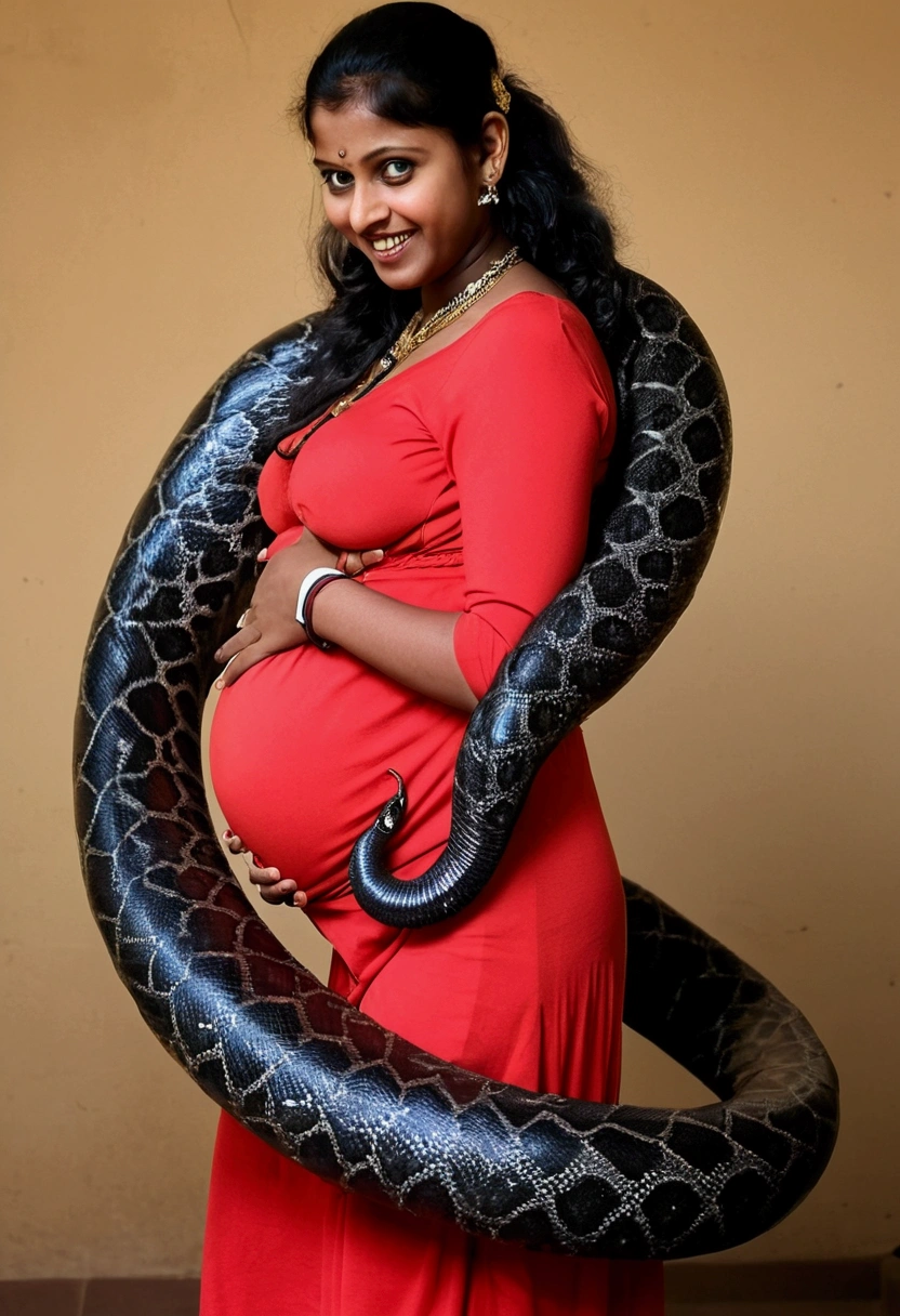  Pregnant Happy Horny, aroused 1girl), beautiful indian  girl  wearing red thong with  giant colossal  black titanboa monster squeezing her hard, wrapped in thick spiraling coils, constricted, struggle, gasping for air, snake attack, snake peril,