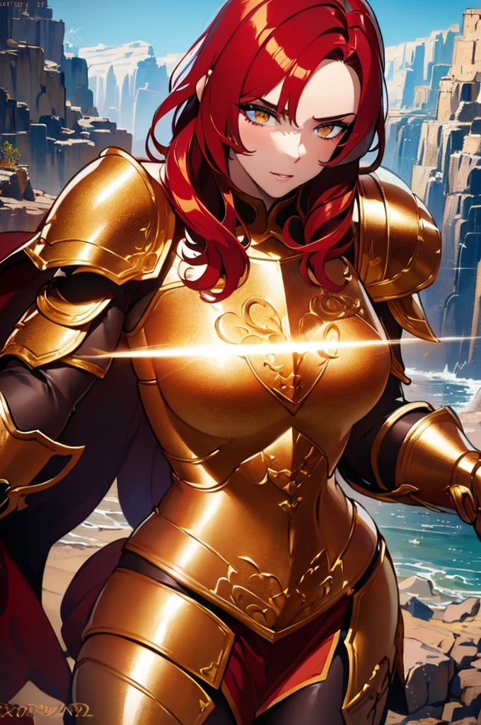 A giant 4.5 meter tall female goddess, with copper red hair, golden eyes, wearing red knight armor, muscular build, carrying a large mace, intimidating expression, round nose, (best quality,4k,8k,highres,masterpiece:1.2),ultra-detailed,(realistic,photorealistic,photo-realistic:1.37),epic fantasy,dark fantasy,dramatic lighting,dramatic atmosphere,cinematic,dramatic pose,highly detailed facial features,extremely intricate armor details,glowing energy effects
