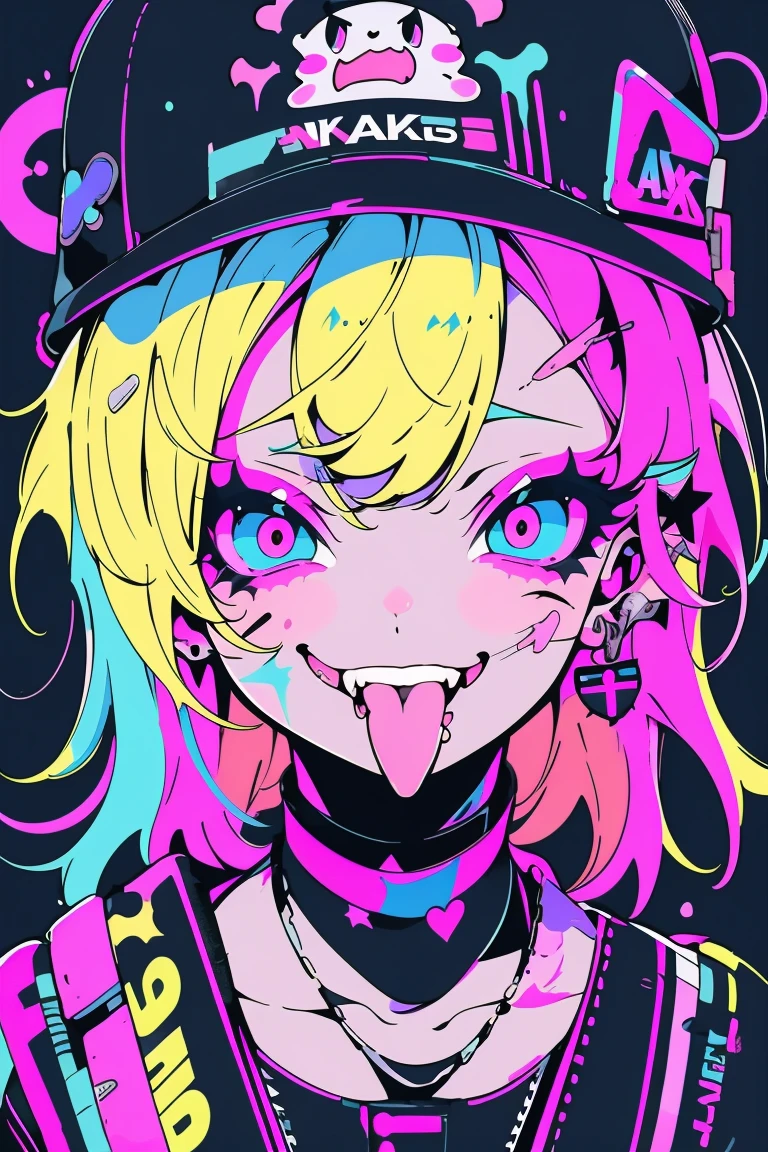 anime girl with a cap and a nask, looking left, blond hair, street background in neon pink and blue colors, scars, stickers, smirk face, open mouth, tongue out