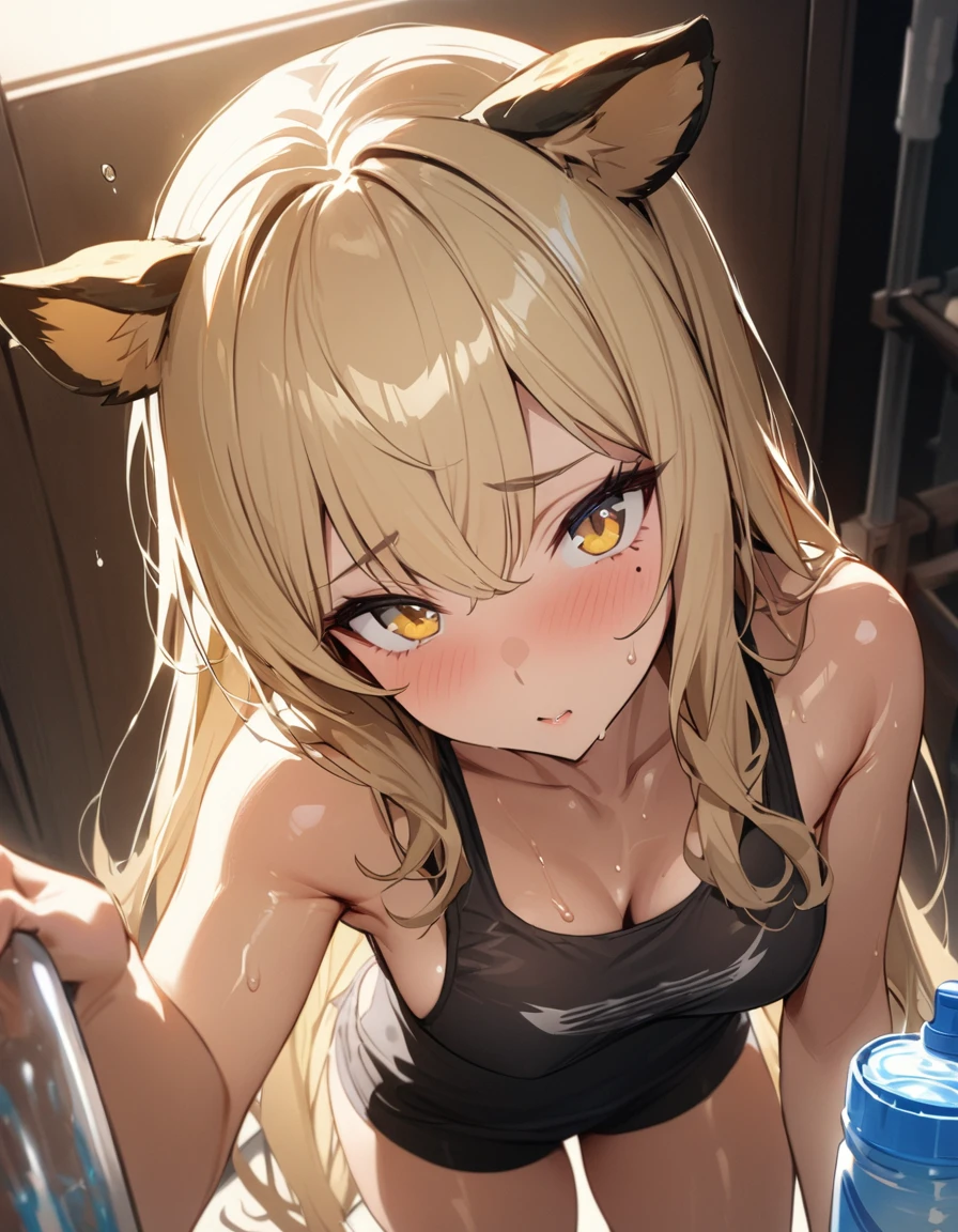 1girl、(((best quality)), ((masterpiece)), (details), masterpiece, best quality, high quality, ulutra detailed, perfect face, ((1girl, blond eyes, tiger ears: 1.3 blond long hair: 2.5,Mole under left eye：2.0))、Shiny Hair、Glowing Skin、Lustful look、Sideboob、Tank top、Swimsuit shorts、Waking up、living、Stay hydrated、Drink water、sunny、sun、Sweat