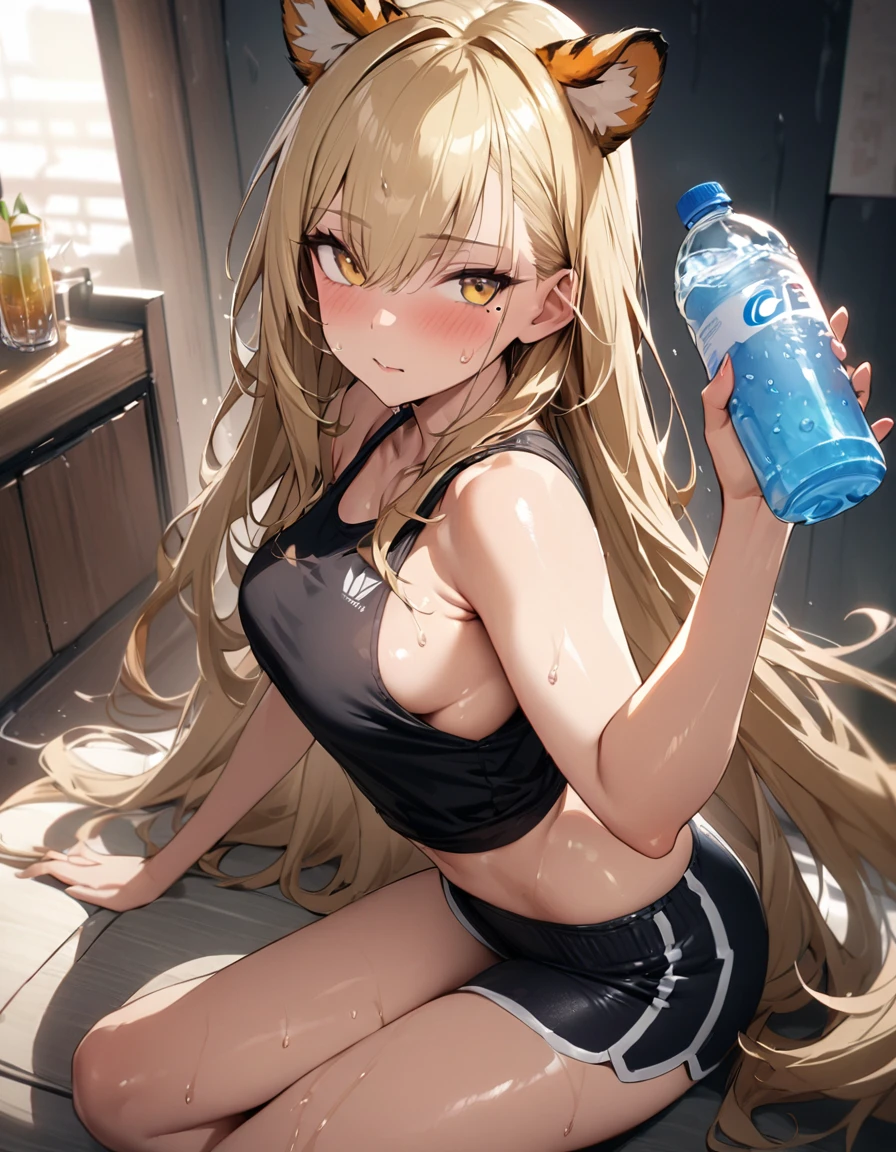 1girl、(((best quality)), ((masterpiece)), (details), masterpiece, best quality, high quality, ulutra detailed, perfect face, ((1girl, blond eyes, tiger ears: 1.3 blond long hair: 2.5,Mole under left eye：2.0))、Shiny Hair、Glowing Skin、Lustful look、Sideboob、Tank top、Swimsuit shorts、Waking up、living、Stay hydrated、Drink water、sunny、sun、Sweat