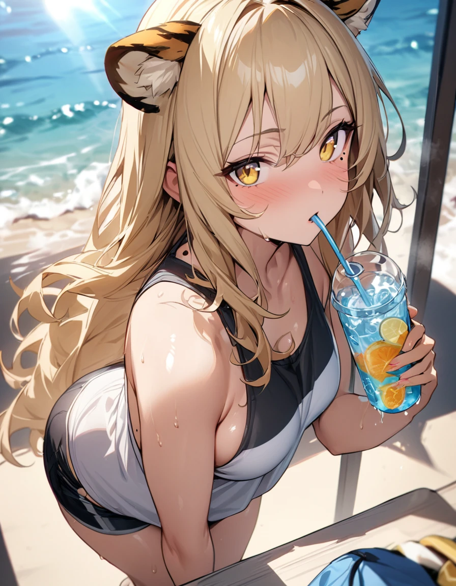 1girl、(((best quality)), ((masterpiece)), (details), masterpiece, best quality, high quality, ulutra detailed, perfect face, ((1girl, blond eyes, tiger ears: 1.3 blond long hair: 2.5,Mole under left eye:2.0))、Shiny Hair、Glowing Skin、Lustful look、Sideboob、Tank top、Swimsuit shorts、Waking up、living、Stay hydrated、Drink water、sunny、sun、Sweat