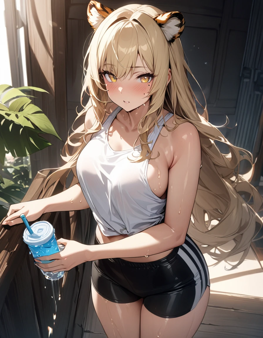 1girl、(((best quality)), ((masterpiece)), (details), masterpiece, best quality, high quality, ulutra detailed, perfect face, ((1girl, blond eyes, tiger ears: 1.3 blond long hair: 2.5,Mole under left eye:2.0))、Shiny Hair、Glowing Skin、Lustful look、Sideboob、Tank top、Swimsuit shorts、Waking up、living、Stay hydrated、Drink water、sunny、sun、Sweat