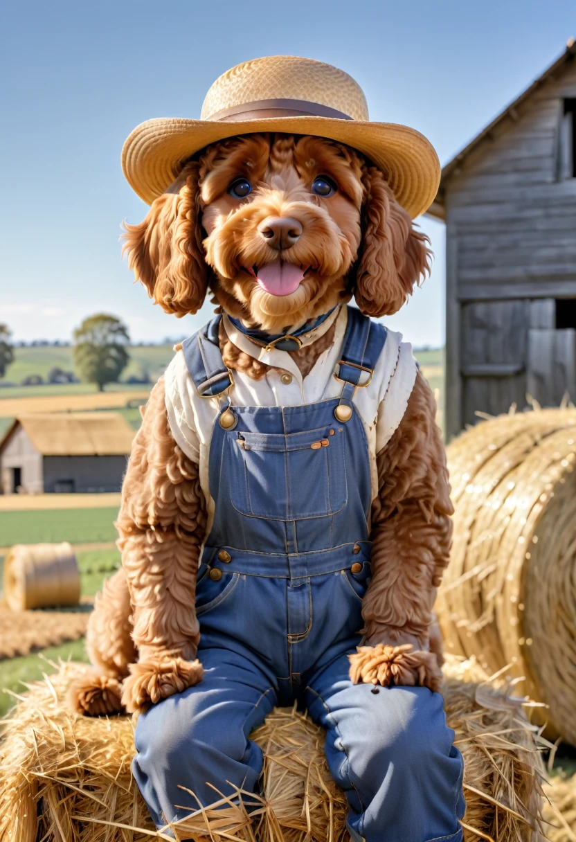 A brown Cavapoodle in a farmer's outfit, complete with overalls and a straw hat, sitting on a hay bale in a rural farm setting. The background includes a barn, fields of crops, and a clear blue sky