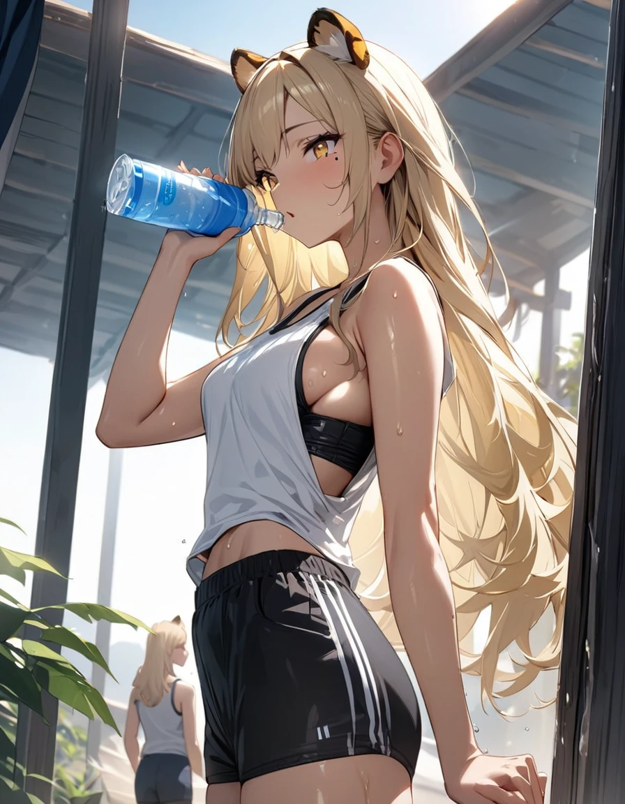 1girl、(((best quality)), ((masterpiece)), (details), masterpiece, best quality, high quality, ulutra detailed, perfect face, ((1girl, blond eyes, tiger ears: 1.3 blond long hair: 2.5,Mole under left eye:2.0))、Shiny Hair、Glowing Skin、Lustful look、Sideboob、Tank top、Swimsuit shorts、Waking up、living、Stay hydrated、Drink water、sunny、sun、Sweat