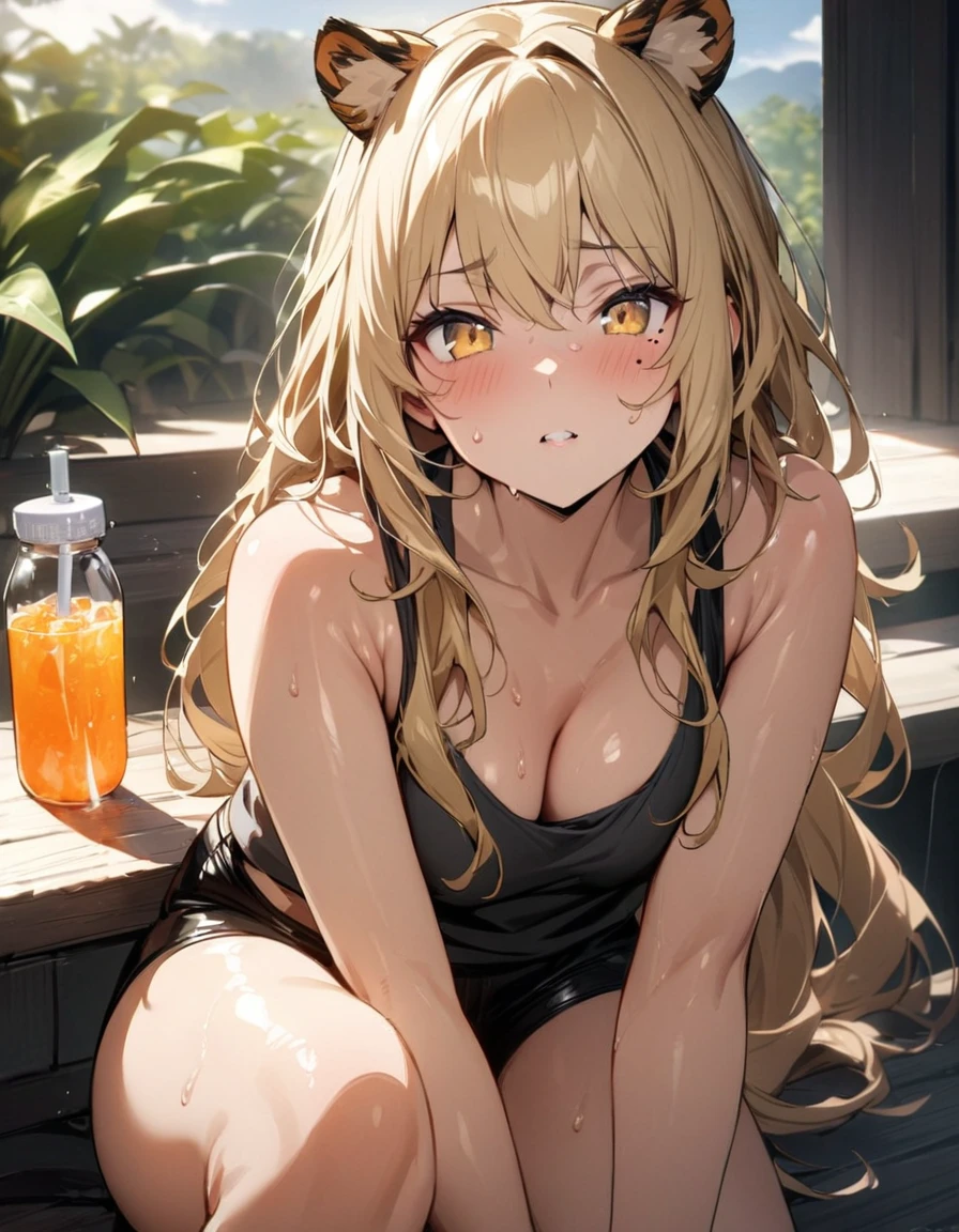 1girl、(((best quality)), ((masterpiece)), (details), masterpiece, best quality, high quality, ulutra detailed, perfect face, ((1girl, blond eyes, tiger ears: 1.3 blond long hair: 2.5,Mole under left eye:2.0))、Shiny Hair、Glowing Skin、Lustful look、Sideboob、Tank top、Swimsuit shorts、Waking up、living、Stay hydrated、Drink water、sunny、sun、Sweat