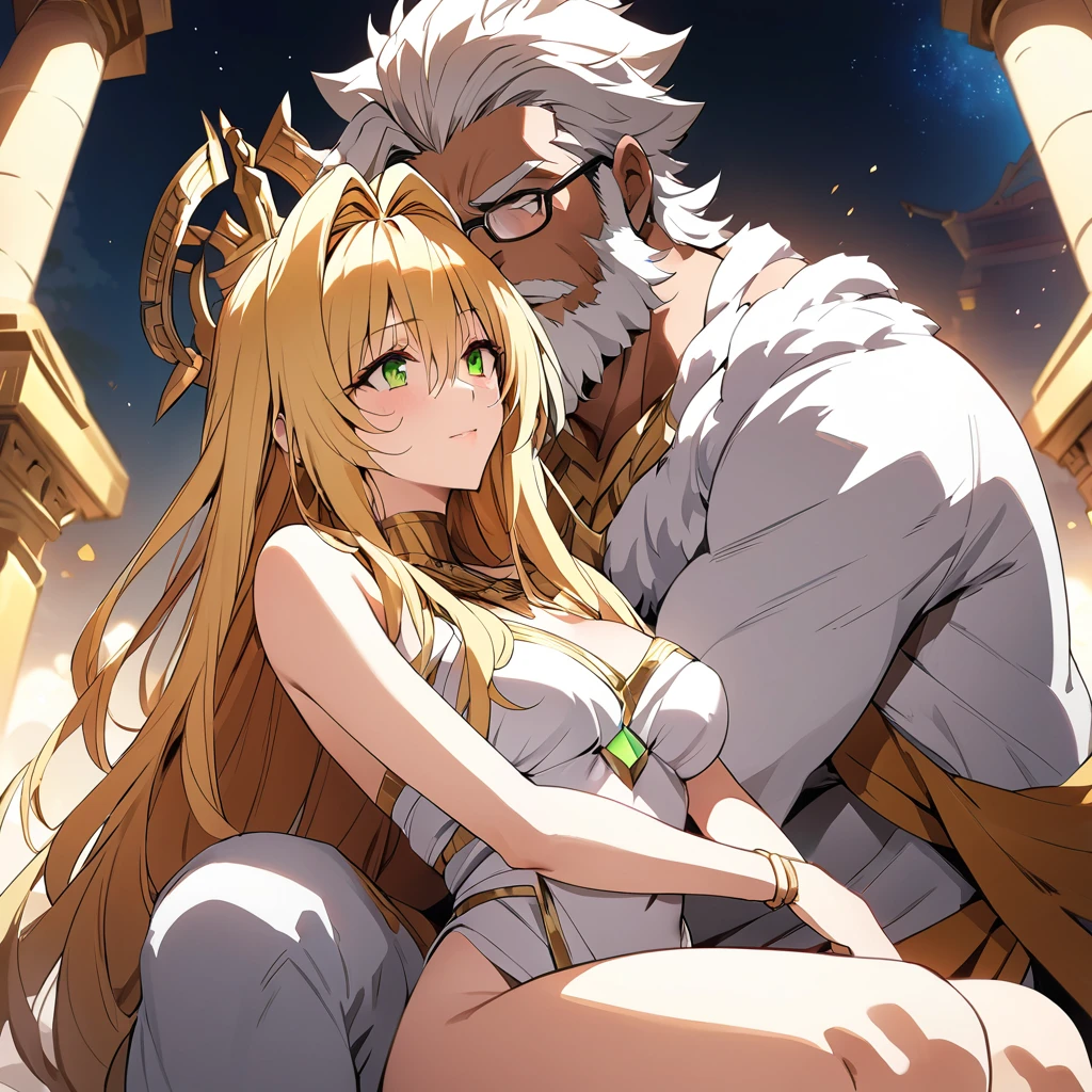 ((Highest quality)), ((masterpiece)), (detailed), （Perfect Face）、A woman is a goddess, both in mind and body, who became the goddess Hera in Greek mythology.々Hera, the wife of Zeus, king of the gods, is happily embracing a man.、The woman is the goddess Hera, queen of the one and only god Zeus. She has green eyes, blonde medium-long hair, is wearing a gorgeous white ancient Greek Doric chiton, an engagement ring, and gorgeous accessories. She is an elegant, graceful, and beautiful goddess, Hera, the wife of Zeus.、A woman is seen sitting on a magnificent temple throne with the majestic, bearded, elderly god Zeus wearing a white ancient Greek Doric chiton.、The man is a bearded old man wearing a dignified white ancient Greek Doric chiton, the god Zeus, embracing a woman