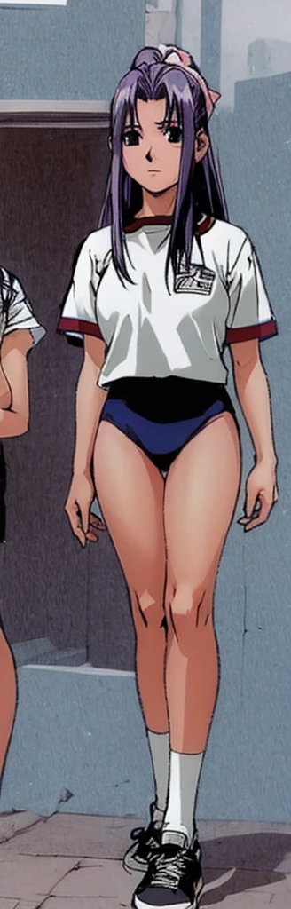 Momoko Koigakubo, a tall girl with beautiful legs, is standing with her legs spread to the side in a white gym uniform and light navy blue bloomers that look like panties.。