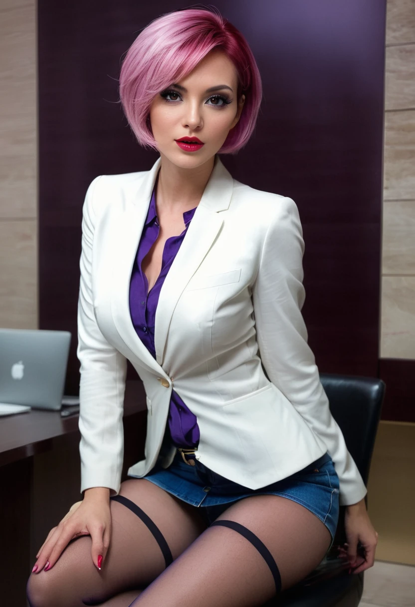 ((fullbody)),sitting,jeans,((wearing business suit and white light jacket))、pantyhose,red lips,purple eyeliner,、italian woman, , medium breasts, ,looking at viewer, , (((1girl))), ,((skinny)),pink short hair, hands on hips, score_9, score_8_up, from Various angles