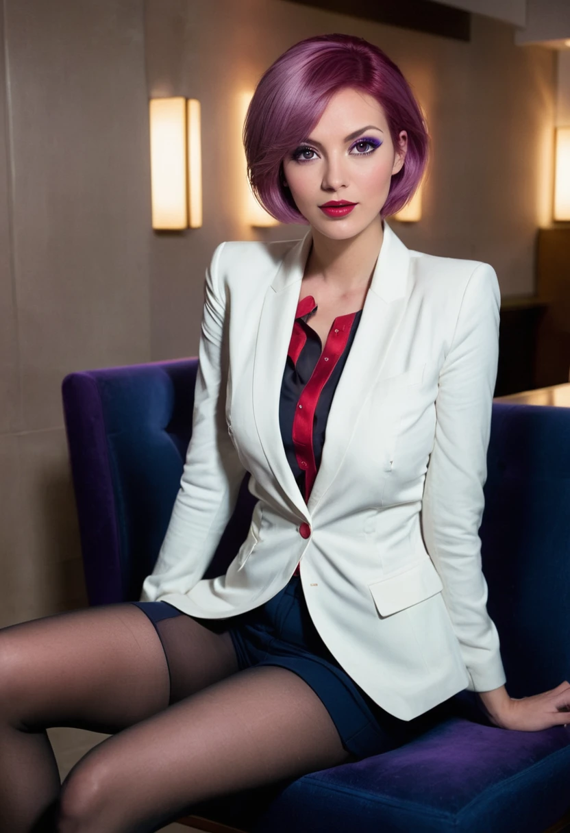 ((fullbody)),sitting,jeans,((wearing business suit and white light jacket))、pantyhose,red lips,purple eyeliner,、italian woman, , medium breasts, ,looking at viewer, , (((1girl))), ,((skinny)),pink short hair, hands on hips, score_9, score_8_up, from Various angles