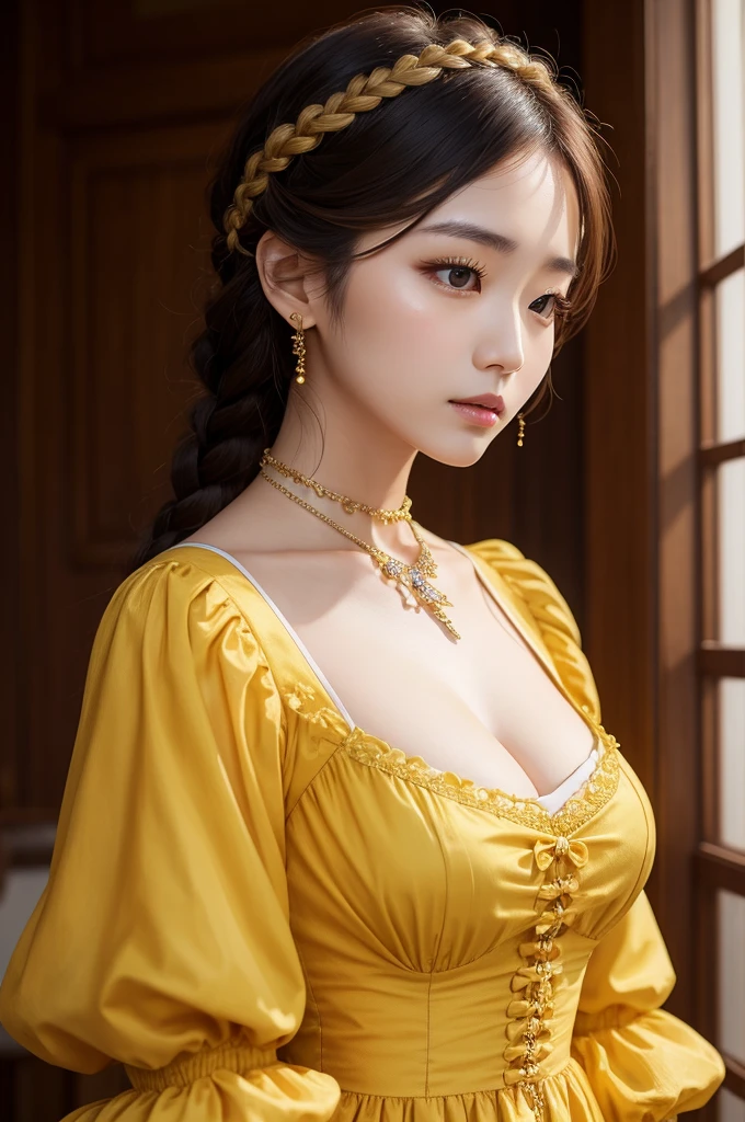 Korean woman dressed in a yellow Victorian dress with a beautiful neckline, braided hair and sophisticated jewelry