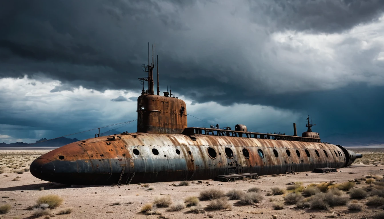 abandoned rusty large war submarine, post apocalyptic, dark cloudy desert, and city in the background