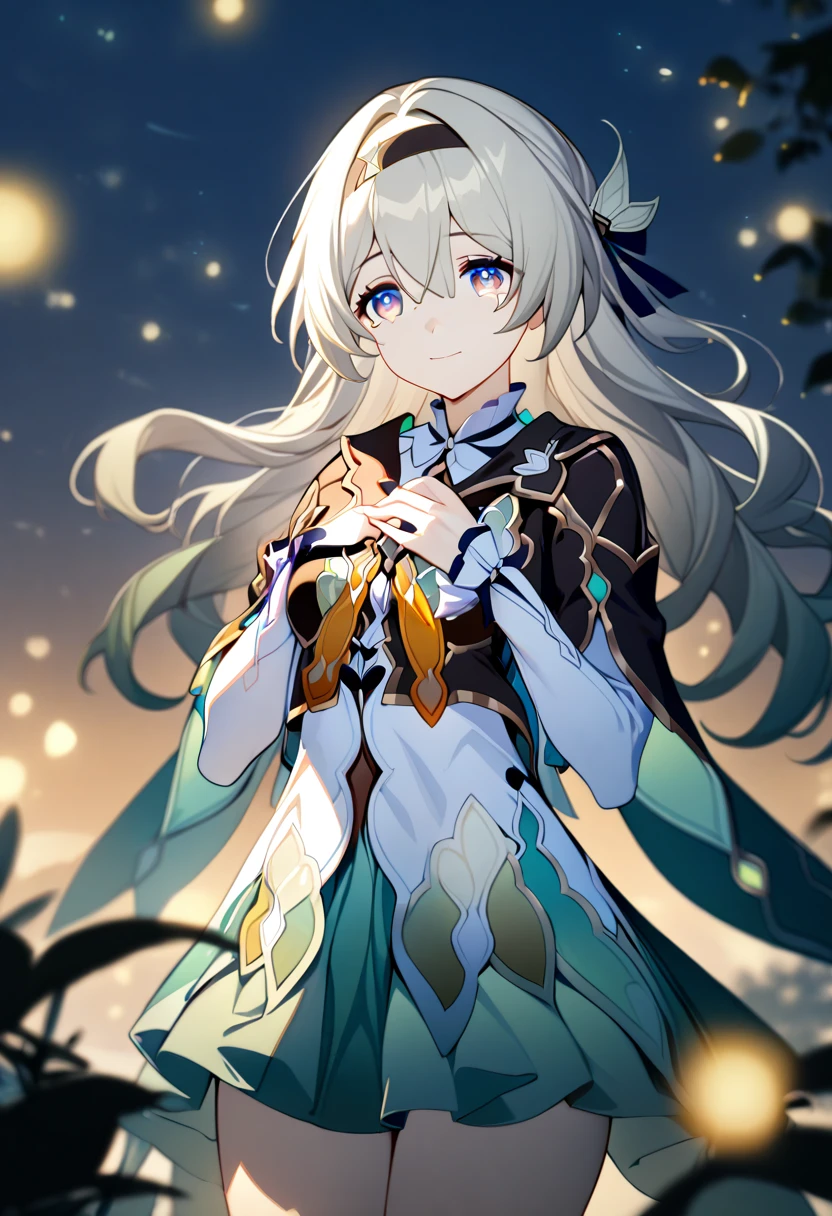1 girl, Firefly \(Honkai: star rail\), Alone, black thighs, hair band, Gradient skirt, hair ornament, blouse, short jacket, yellow scarf, cowboy shot, standing, by the floating, depth of field, Hand on own chest, crying with eyes open, light smile, bokeh, Fireflies, evening, masterpiece