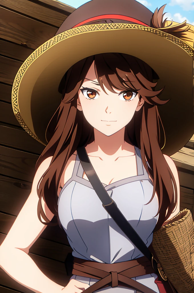 1 female, medium length brown hair, hazel eyes, wearing pirate outfit, at the helm of a pirate ship, wearing straw hat with red band, wearing straw hat