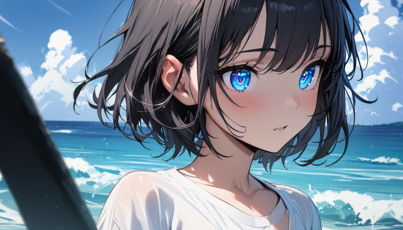 1girl, solo, blue eyes, (detailed eyes), flat chest, short hair, black hair, (masterpiece),(masterpiece), (masterpiece, Highest quality:1.2), 1 Girl, alone,Eyes open,Are you having fun,Tropical atmosphere,Ocean,focusing, white shirt, upper body