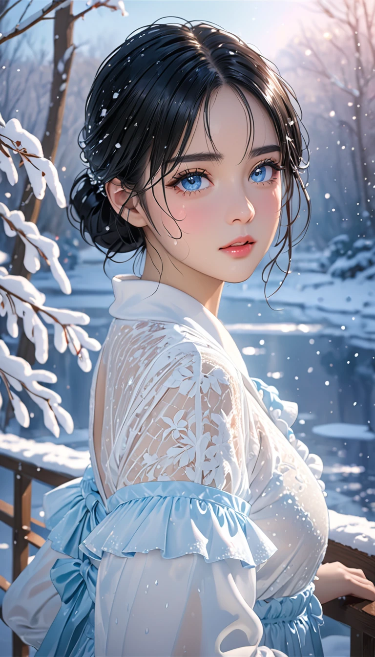 (((masterpiece))),best quality,illustration,4k wallpaper,movie lighting,absurd,1 girl,(snow,ice),in winter,black hair,shiny hair,medium hair,bleu eyes,wihte clothes,frills,lace,wet clothes,leave_Shoulder,hair tie,masterpiece,telephoto lens,absurd,Exquisite face,features,natural light,soft light,(Seven-part combination),epic,Dreamy and magical,mystery,