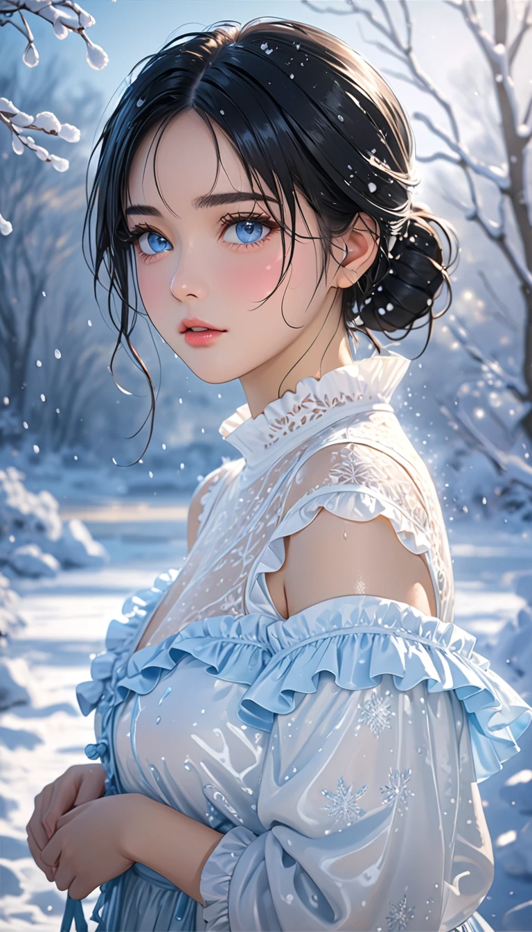 (((masterpiece))),best quality,illustration,4k wallpaper,movie lighting,absurd,1 girl,(snow,ice),in winter,black hair,shiny hair,medium hair,bleu eyes,wihte clothes,frills,lace,wet clothes,leave_Shoulder,hair tie,masterpiece,telephoto lens,absurd,Exquisite face,features,natural light,soft light,(Seven-part combination),epic,Dreamy and magical,mystery,