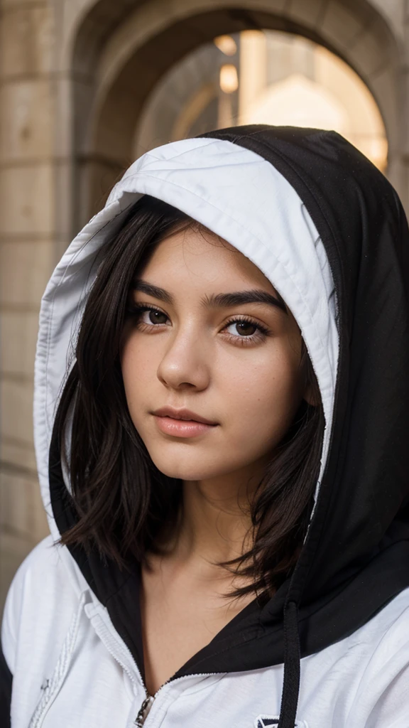 18 year old woman brunette black hair hooded with tender face 