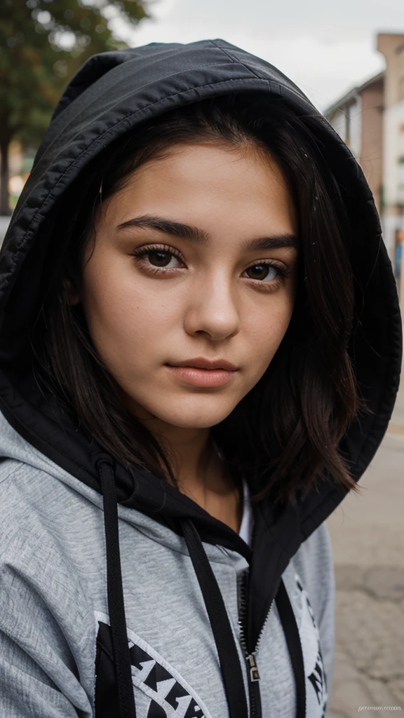 18 year old woman brunette black hair hooded with tender face 