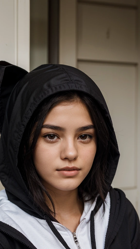 18 year old woman brunette black hair hooded with tender face 