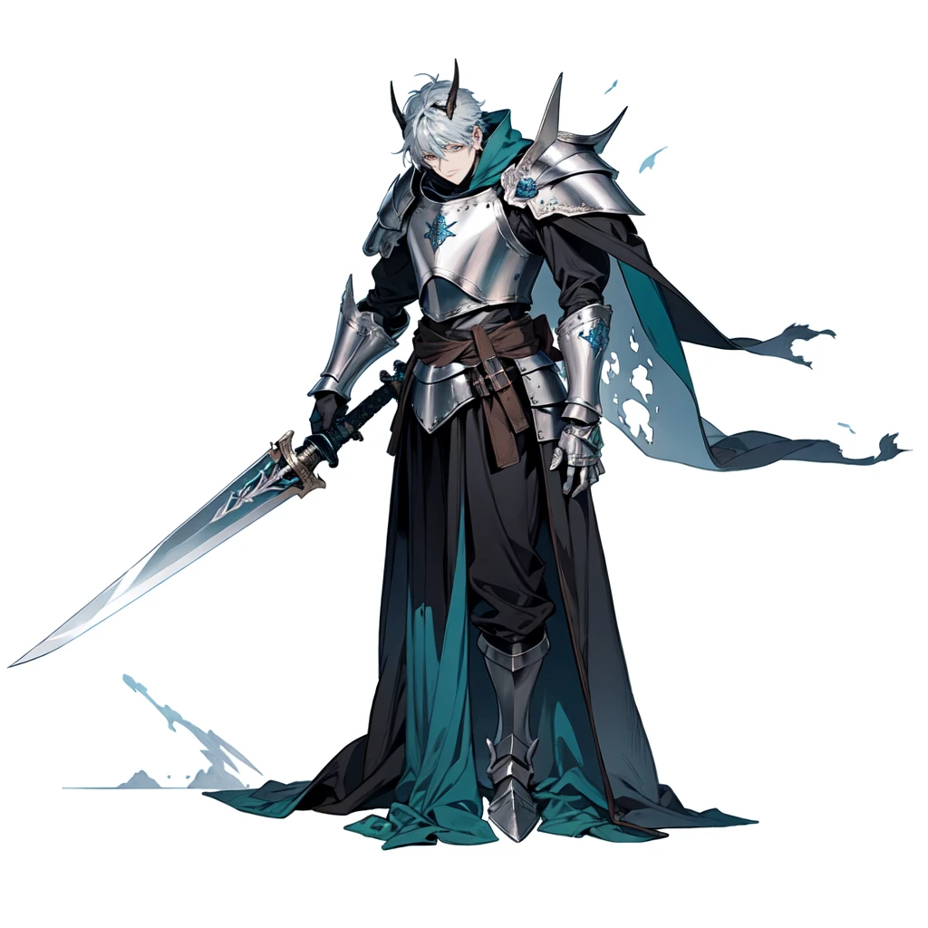 masterpiece,best quality,1 man,right hand holding dark sword with heated metal,solo leveling boss,\(herrscher of finality\),solo,full body,pale blue skin armor,horns,full body,black shadow cape,+ +,(((big medieval fantasy shoulder pads))),statue,((serious expression)),bronze metal detaisl, (((holding a sword hilt with left hand))), monster, ((fantasy character)), anime character sheet