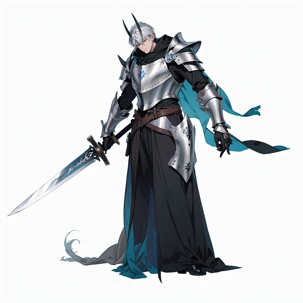 masterpiece,best quality,1 man,right hand holding dark sword with heated metal,solo leveling boss,\(herrscher of finality\),solo,full body,pale blue skin armor,horns,full body,black shadow cape,+ +,(((big medieval fantasy shoulder pads))),statue,((serious expression)),bronze metal detaisl, (((holding a sword hilt with left hand))), monster, ((fantasy character)), anime character sheet