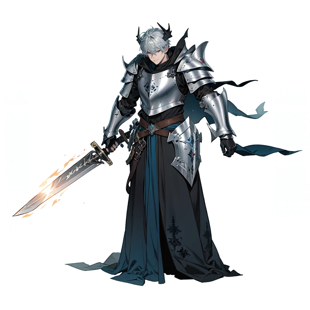 masterpiece,best quality,1 man,right hand holding dark sword with heated metal,solo leveling boss,\(herrscher of finality\),solo,full body,pale blue skin armor,horns,full body,black shadow cape,+ +,(((big medieval fantasy shoulder pads))),statue,((serious expression)),bronze metal detaisl, (((holding a sword hilt with left hand))), monster, ((fantasy character)), anime character sheet