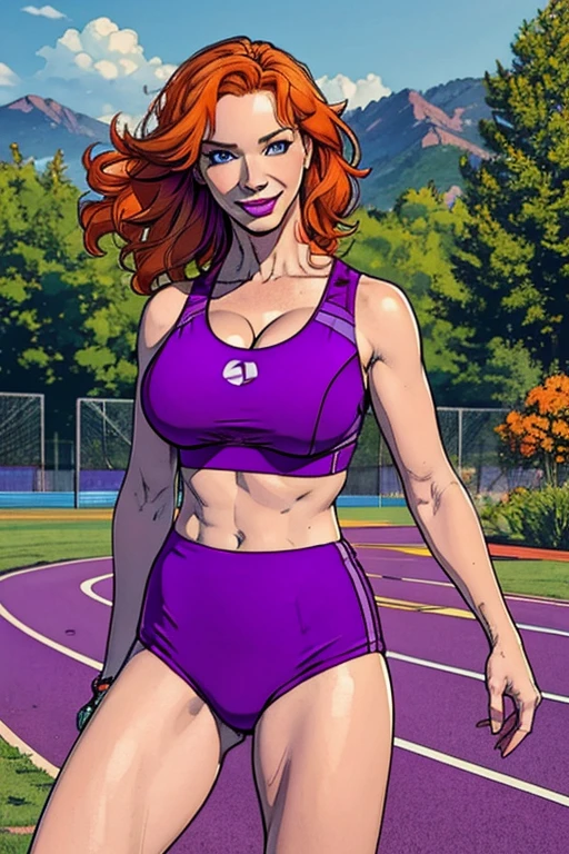 Masterpiece, best quality, 1girl, solo, Christina Hendricks, 48 years old, orange hair, shoulder-length hair, blue eyes, pale skin, smile, large breasts, purple sports bra, purple sports bottoms, purple running shoes. buruma, outdoors, track and field, smug
