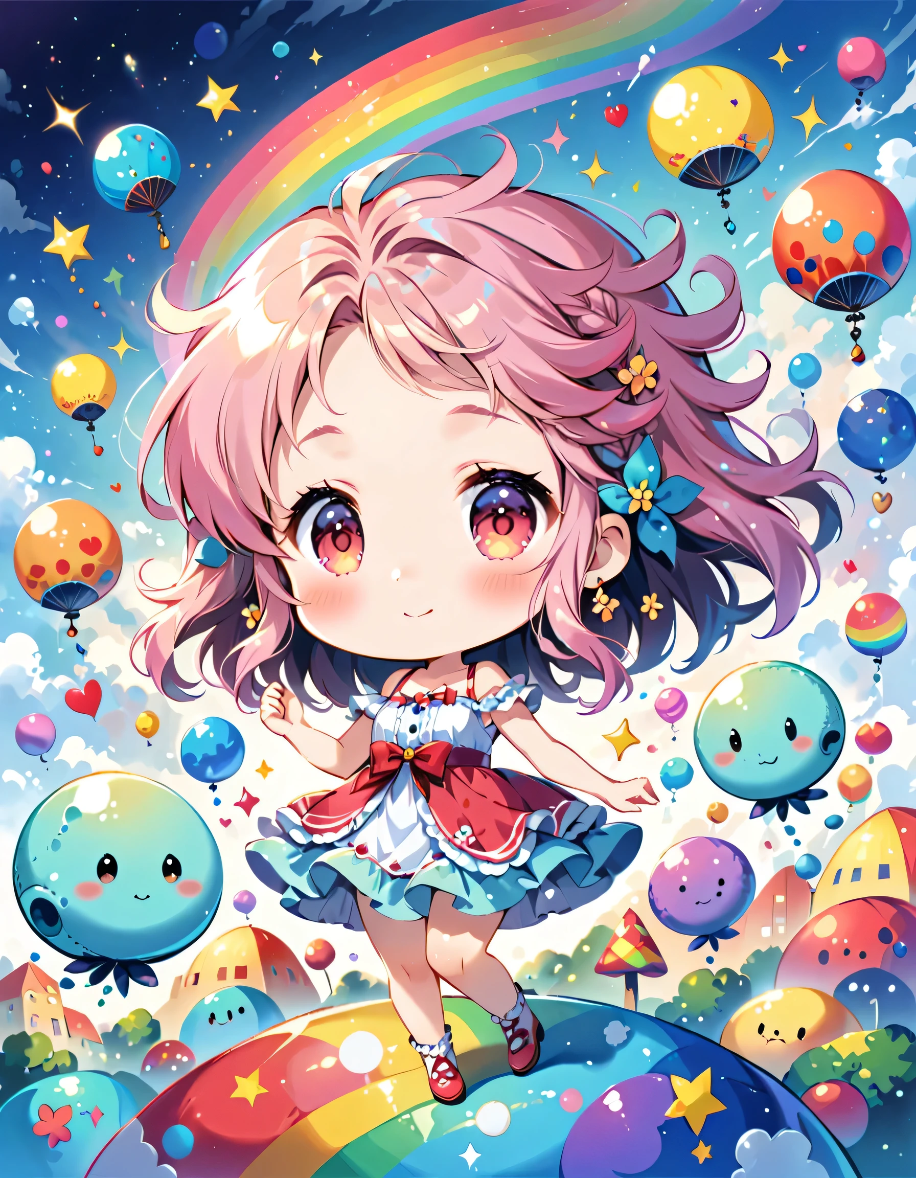 Momoko Sakura colorfull style, Simple Line Initialism，Abstract art, kawaii design, The most beautiful girl of all time, (((chibi))), (((Dream World))), Lovely summer clothes, (((Cute Aliens))), Playing with Aliens