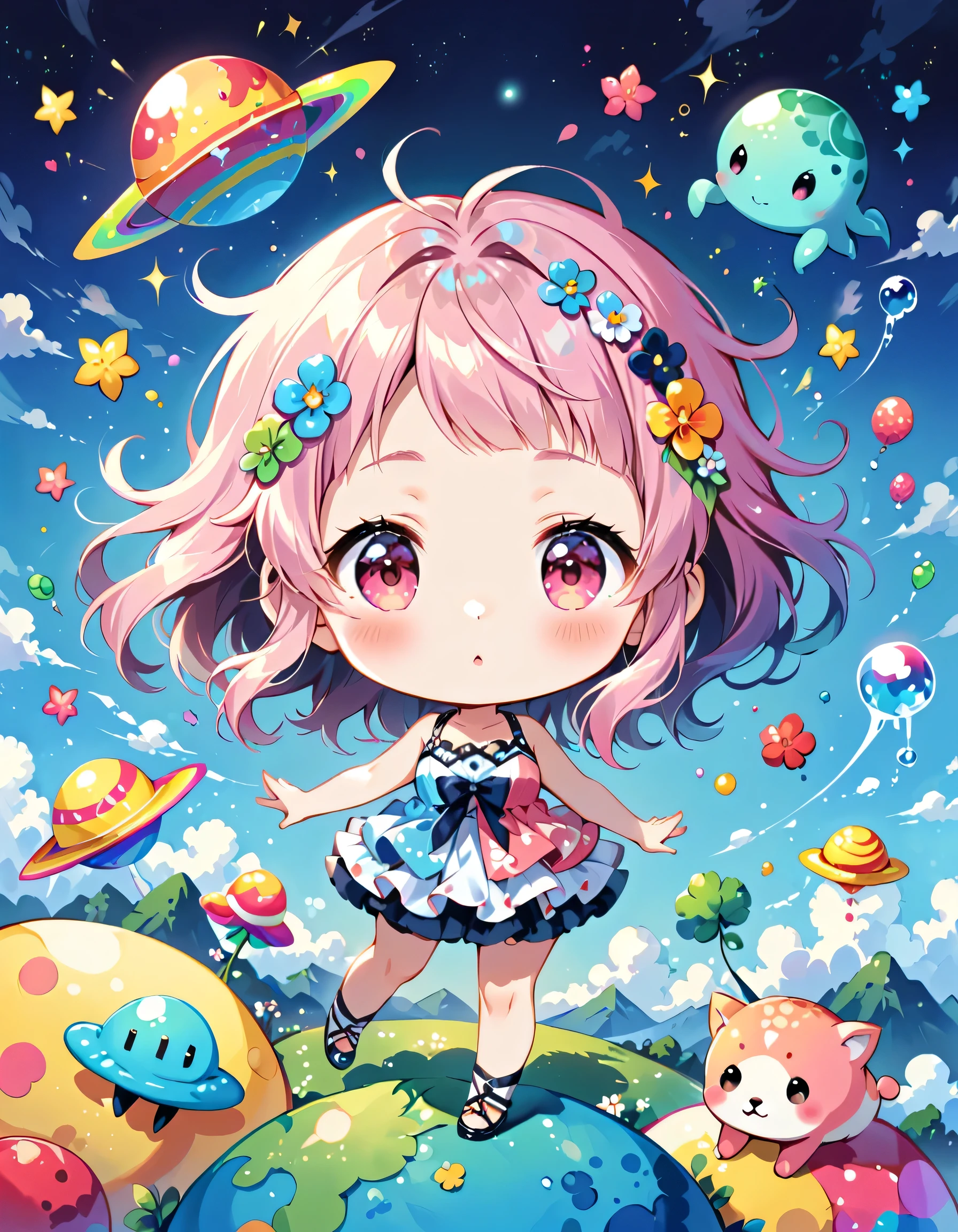 Momoko Sakura colorfull style, Simple Line Initialism，Abstract art, kawaii design, The most beautiful girl of all time, (((chibi))), (((Dream World))), Lovely summer clothes, (((Cute Aliens))), Playing with Aliens