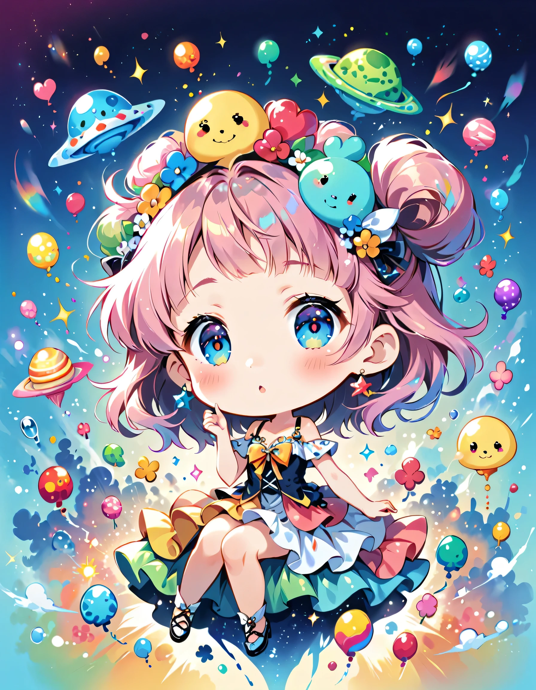 Momoko Sakura colorfull style, Simple Line Initialism，Abstract art, kawaii design, The most beautiful girl of all time, (((chibi))), (((Dream World))), Lovely summer clothes, (((Cute Aliens))), Playing with Aliens