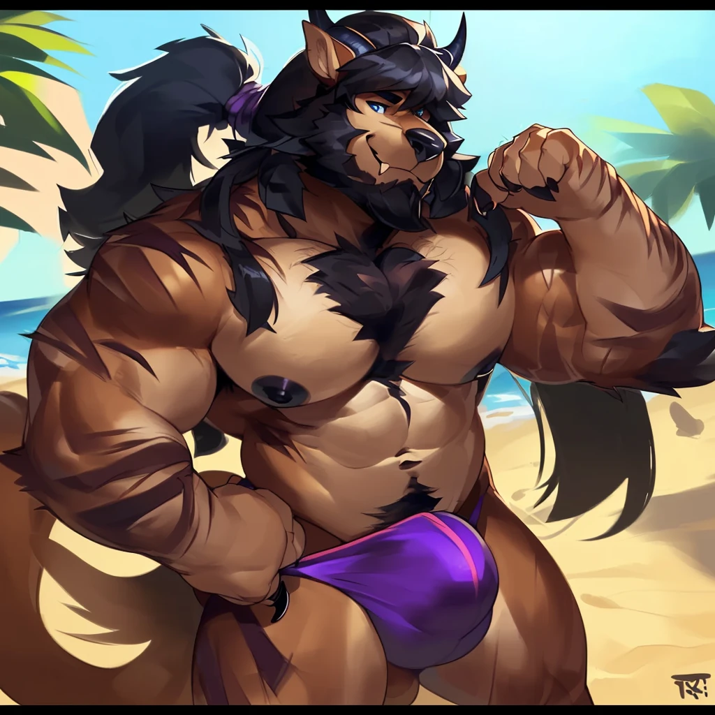 Solo, male (((behemoth, blue eyes, blue iris, black pupils, huge muscular, muscular, biceps, huge pecs, abs, black nipples, black horns, horns, black hair, facial hair, beard, long hair, brown body, brown hair, long snout, fangs, tusk, black horns, black nose, chest hair, mane, ponytail, thick hair, finger claws, clawed hands, leg scars, arm scars, arm tuff, jewelry, tail, tail tuft, purple thong, huge bulge))) standing, flexing, seductive, beach, daytime, giant, full body, perfect anatomy, by darkgem, by mystikfox61, by glitter trap boy