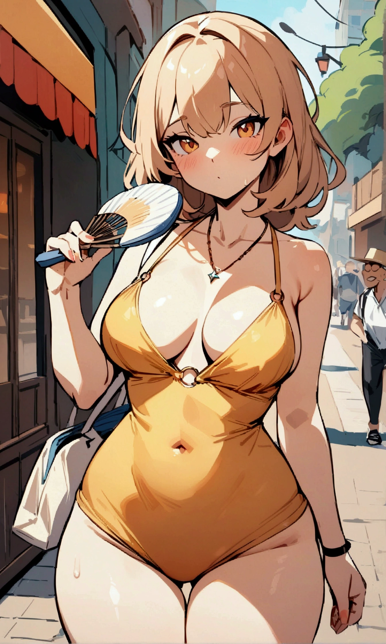 Masterpiece, masterpiece, cartoon style, girl in the street, handheld fan in hand, summer, hot
