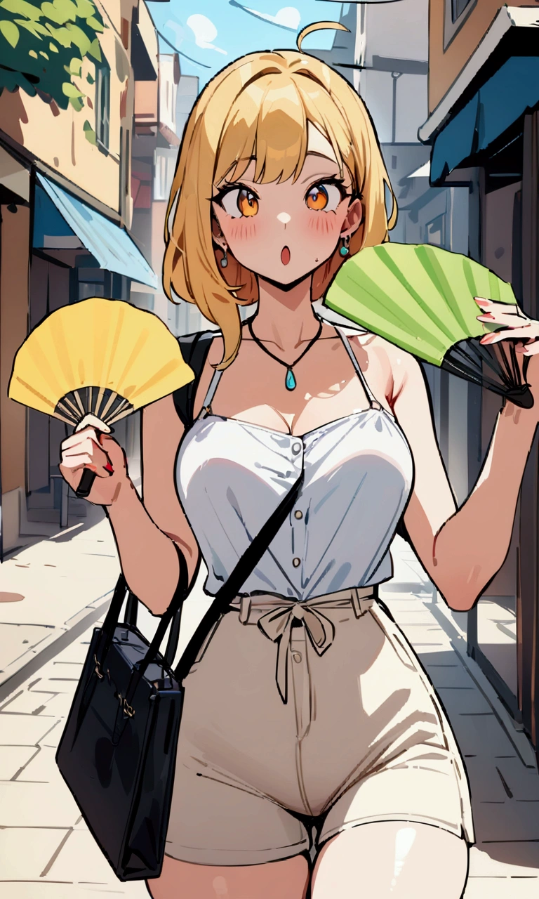 Masterpiece, masterpiece, cartoon style, girl in the street, handheld fan in hand, summer, hot