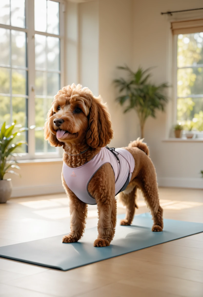 A brown Cavapoodle dressed in yoga attire, performing a downward dog pose on a yoga mat in a peaceful studio. The background features large windows with a view of a serene garden and soft, ambient lighting