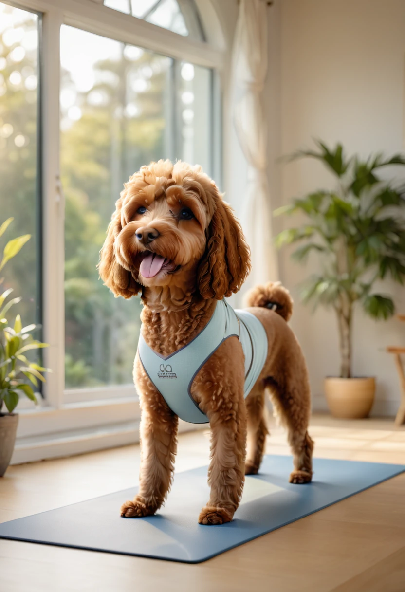 A brown Cavapoodle dressed in yoga attire, performing a downward dog pose on a yoga mat in a peaceful studio. The background features large windows with a view of a serene garden and soft, ambient lighting