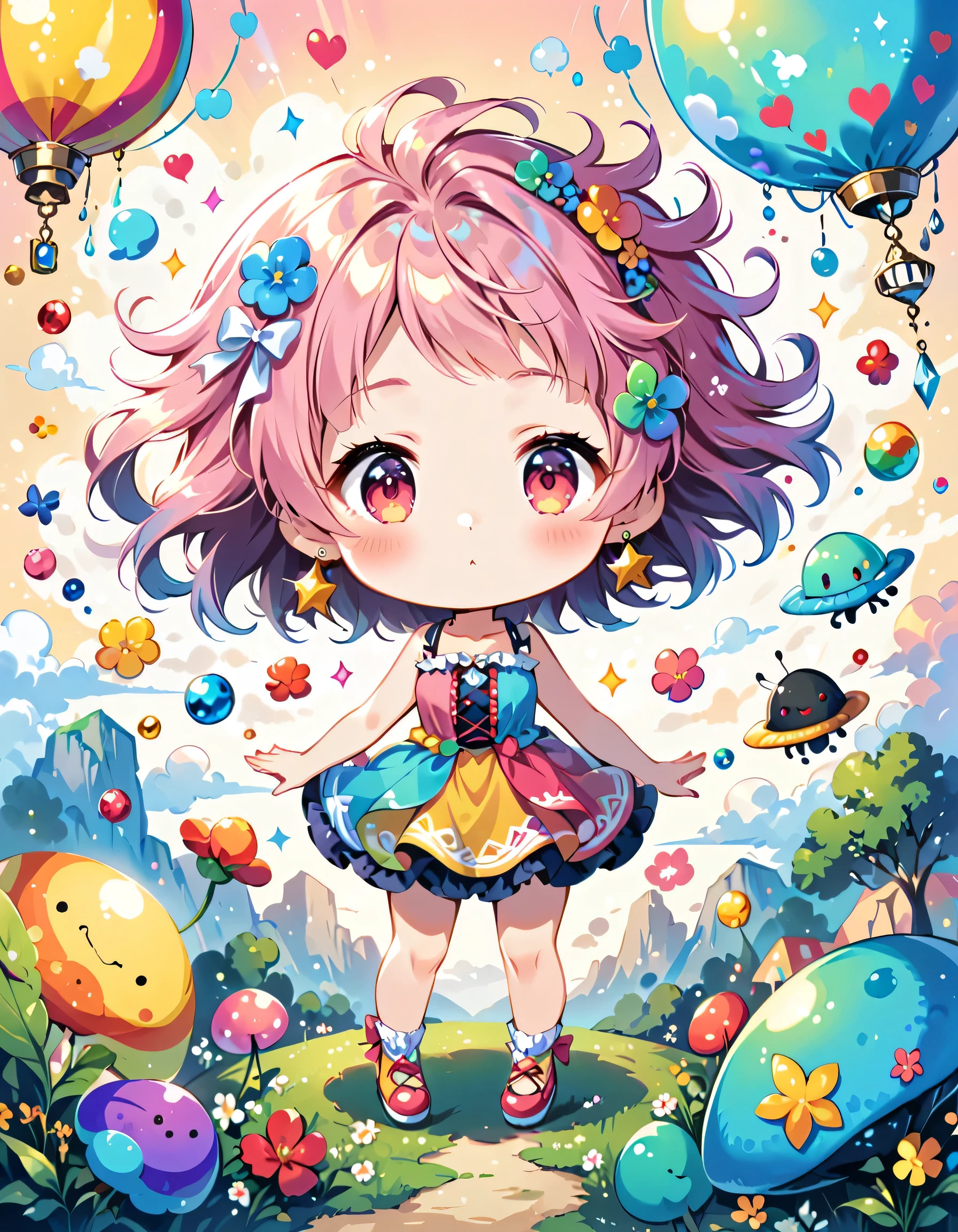 Momoko Sakura colorfull style, Simple Line Initialism，Abstract art, kawaii design, The most beautiful girl of all time, (((chibi))), (((Dream World))), Lovely summer clothes, (((Cute Aliens))), Playing with Aliens