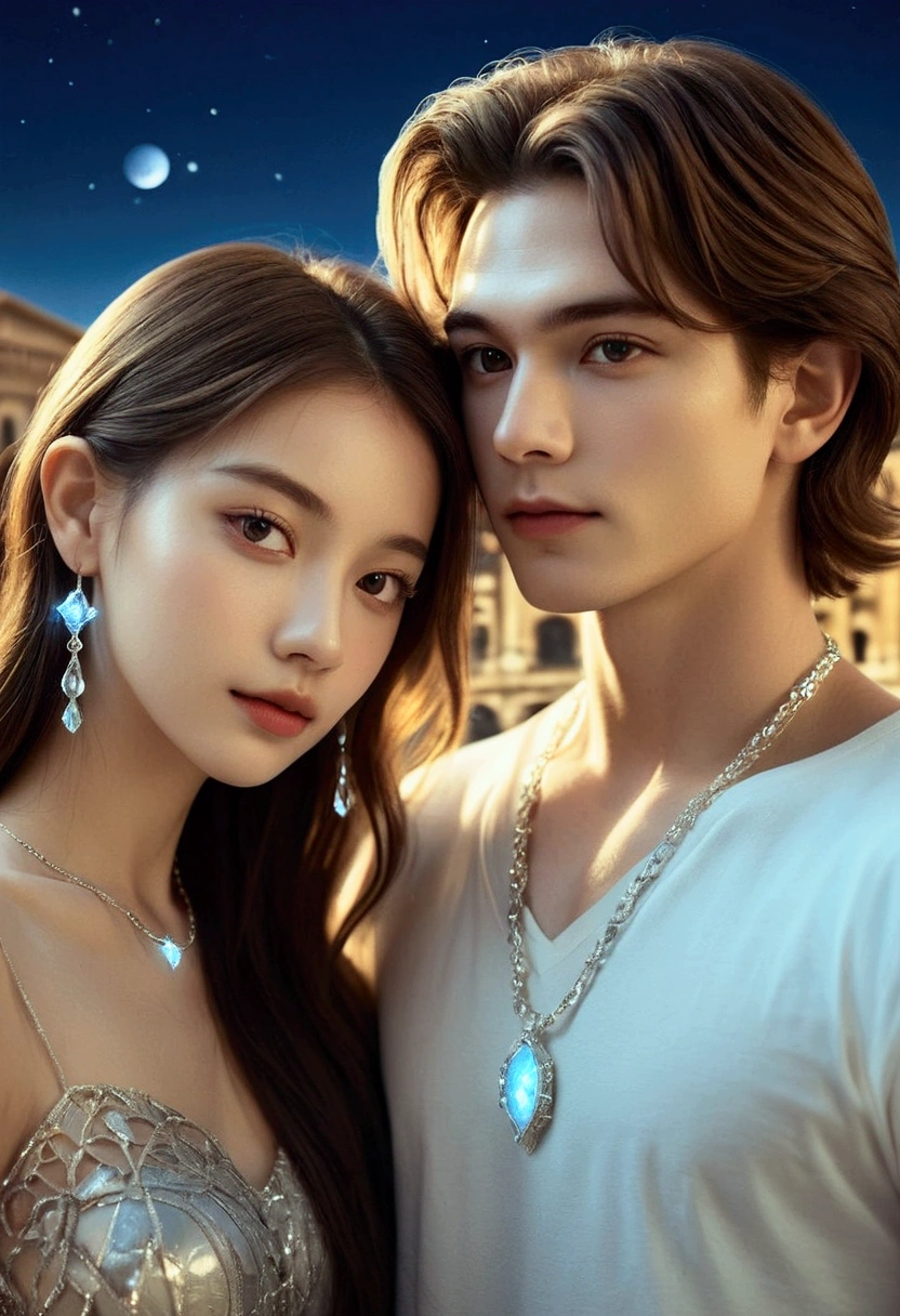 Romantic, (Beautiful teenage caucasian couple in Rome_1 long haired man and 1 woman wearing luminous diamond necklace and earrings), (Translucent luminous body_Upper body shot), Surreal, (Romantic_Detailed and accurate hand drawing, delicate features), Dynamic colors, Architectural street, Landscape, Clear sky, (Best quality, 8K, Surreal:1.2), (Highly detailed, Realistic:1.37), Bright background, Intricately detailed, Amazing, Floating, Fluorescent, Glowing, Bioluminescent body, Glowing patterns.