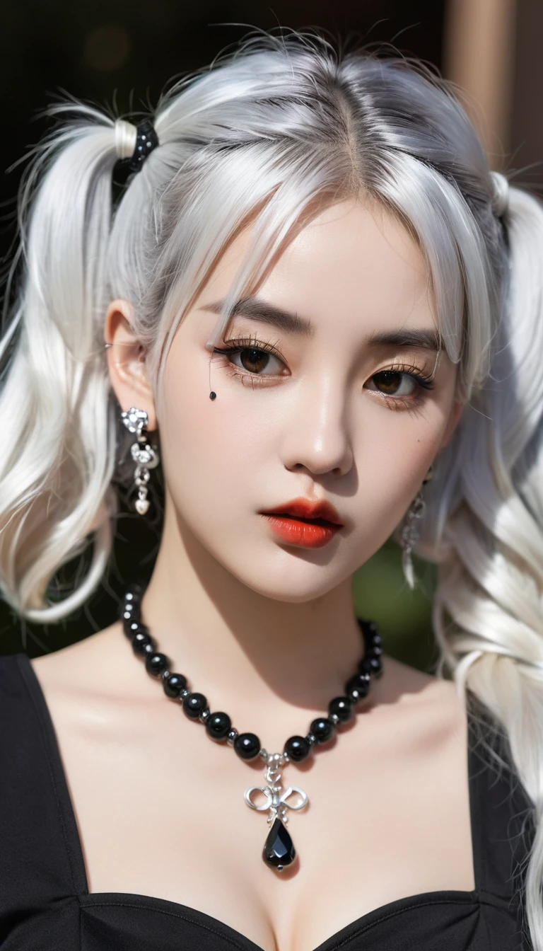 high quality, Rich in details, The silver-haired girl with twin ponytails poses cutely. They are wearing vintage gothic clothing, Wearing a bracelet, Earrings and necklaces. Big ones can also be seen. The photo is a close-up of the face, With cleavage, Shiny Breasts, Sweat in cleavage, And sexy breath.