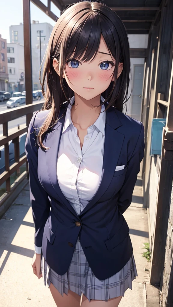 High resolution, accurate, high quality, Shortcuts, Blushing, anime, Your Name,girl,stage,cute,student,Navy Blue Blazer,whole